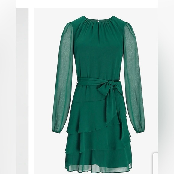 EXPRESS Long Sleeve Tie Waist Tiered Ruffle Fit And Flare Dress Small Green - Picture 4 of 14